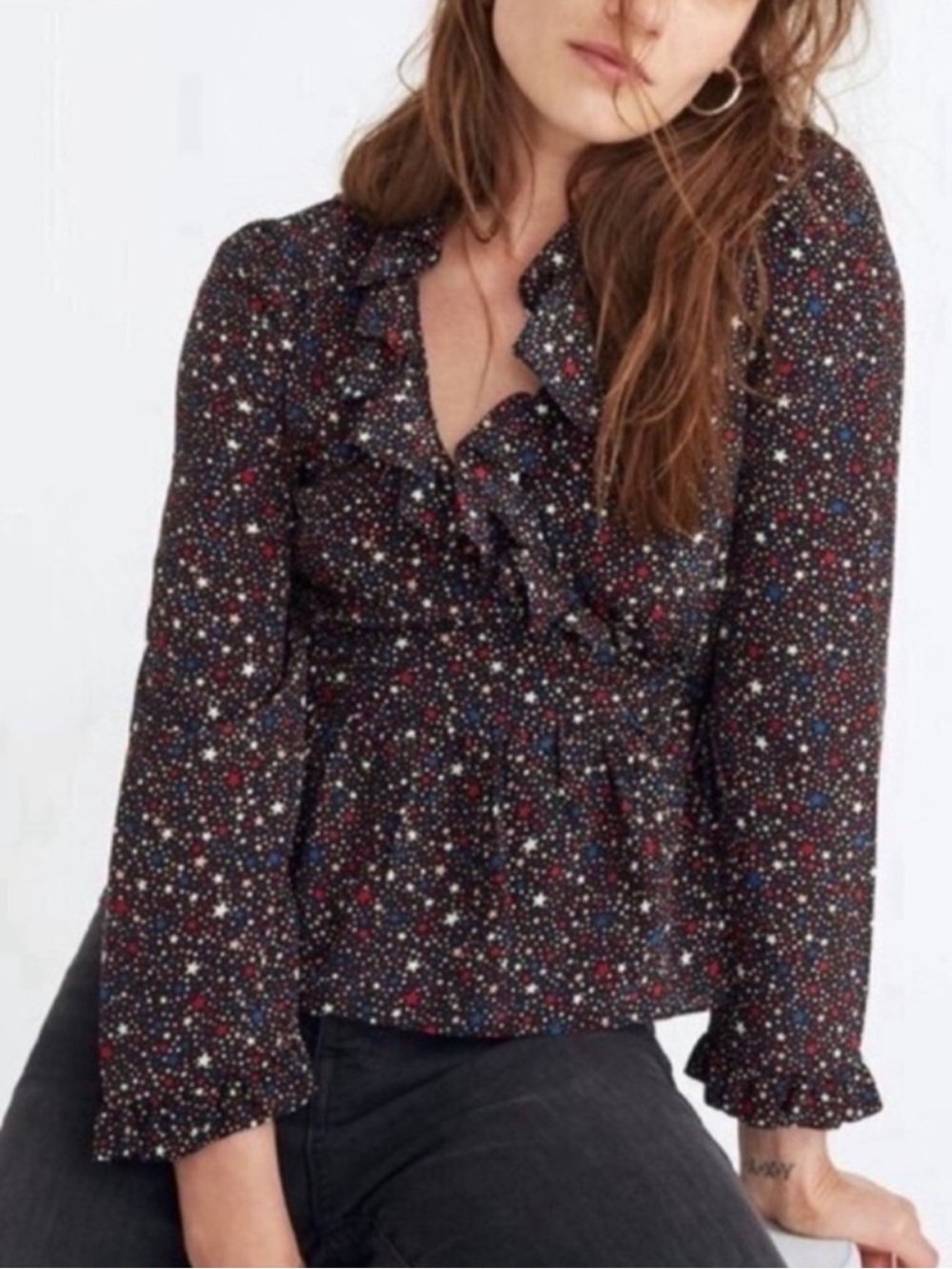 Madewell Black Star-Print Ruffle V-Neck Blouse Size XS 100% Silk